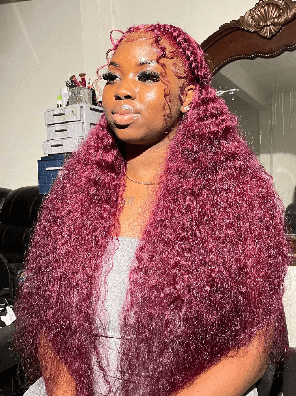 Dorsanee 250 300 Density Burgundy Red Deep Wave Curly Lace Front Human Hair Wig