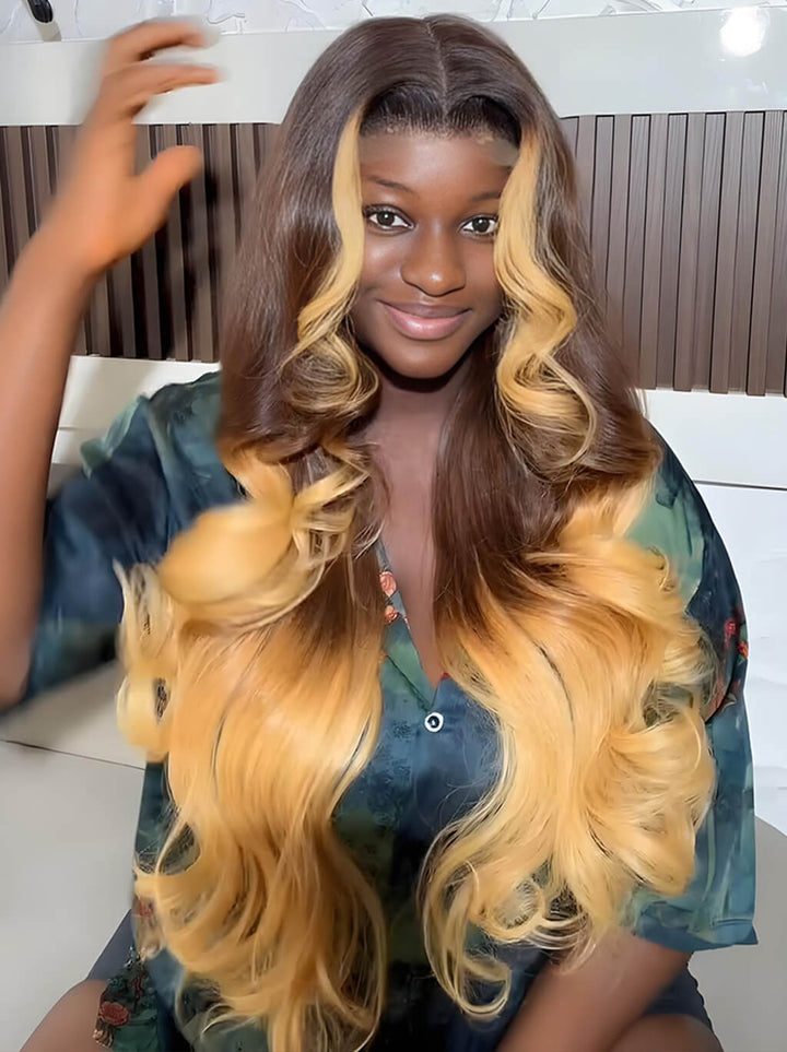 Dorsanee 250 300 Density Ombre Brown Honey Blonde Skunk Stripe Human Hair Wigs