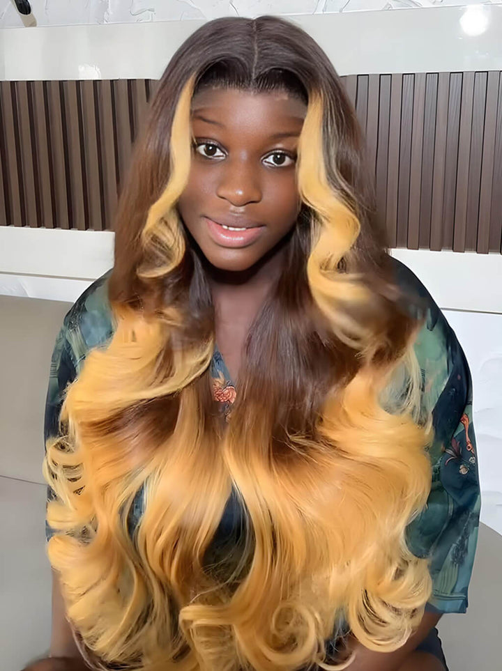 Dorsanee 250 300 Density Ombre Brown Honey Blonde Skunk Stripe Human Hair Wigs