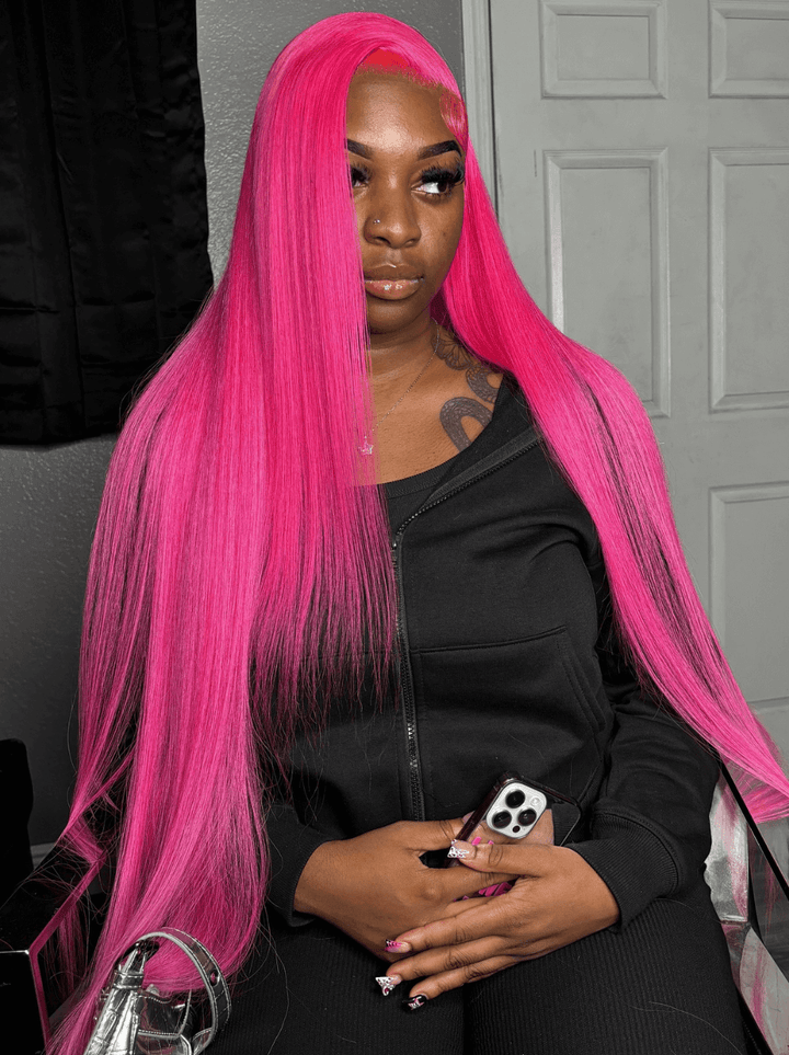 Dorsanee 30 32 34 inch Buss Down Bone Straight Hot Deep Pink Human Hair Wigs