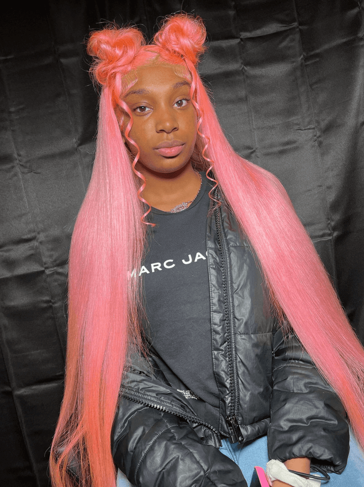 Dorsanee 30 32 34 inch Buss Down Bone Straight Pink Lace Front Human Hair Wigs