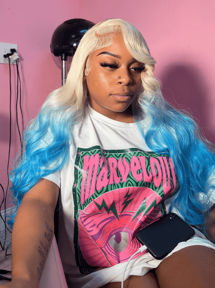 Dorsanee 30 32 34 inch Buss Down Ombre Blonde Blue Lace Front Human Hair Wigs