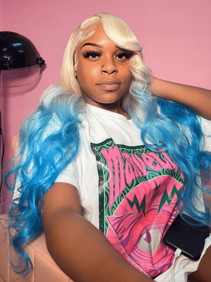 Dorsanee 30 32 34 inch Buss Down Ombre Blonde Blue Lace Front Human Hair Wigs