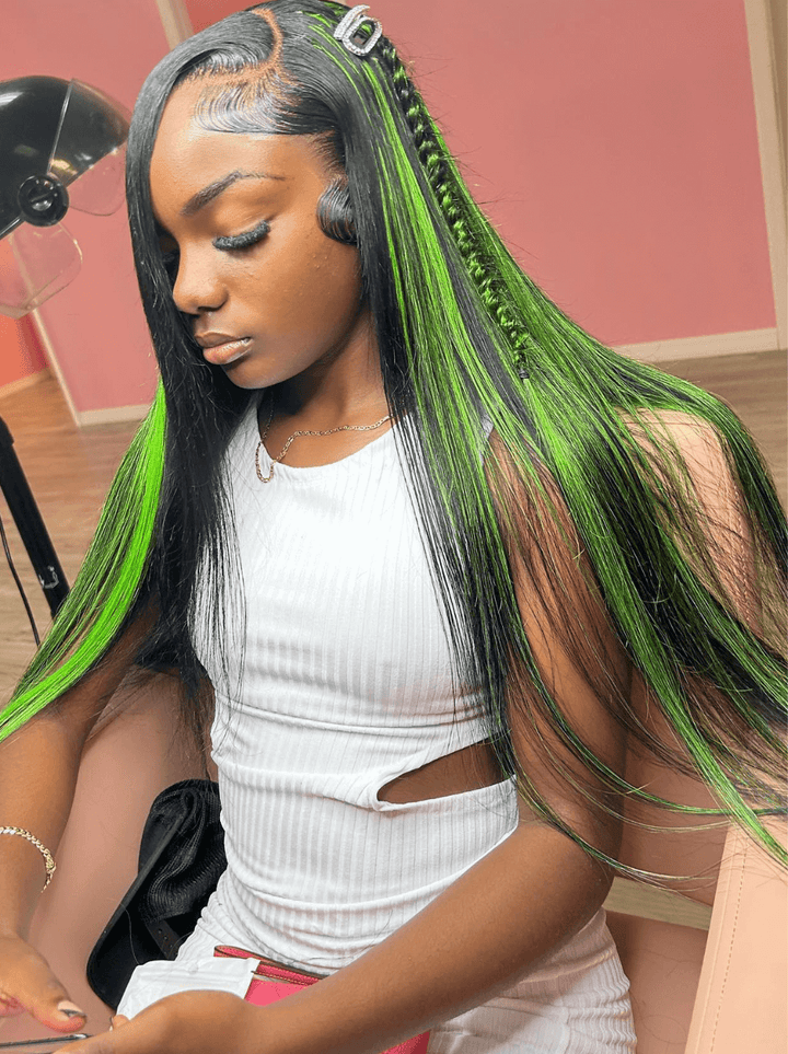 Dorsanee 30" 32" Buss Down Black With Green Highlight Straight Human Hair Wigs