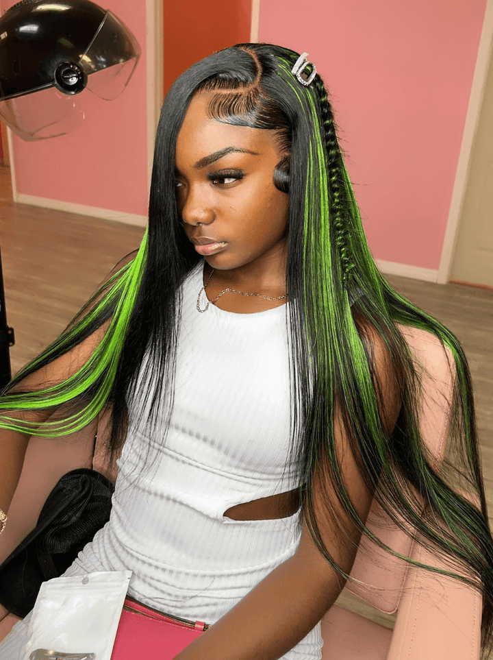 Dorsanee 30" 32" Buss Down Black With Green Highlight Straight Human Hair Wigs