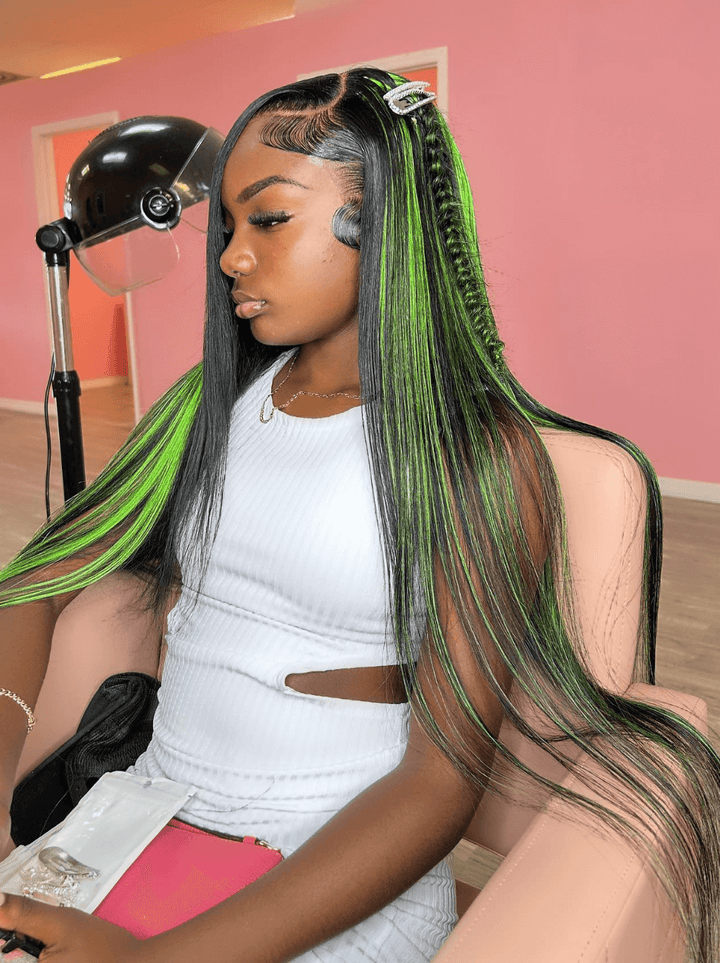 Dorsanee 30" 32" Buss Down Black With Green Highlight Straight Human Hair Wigs