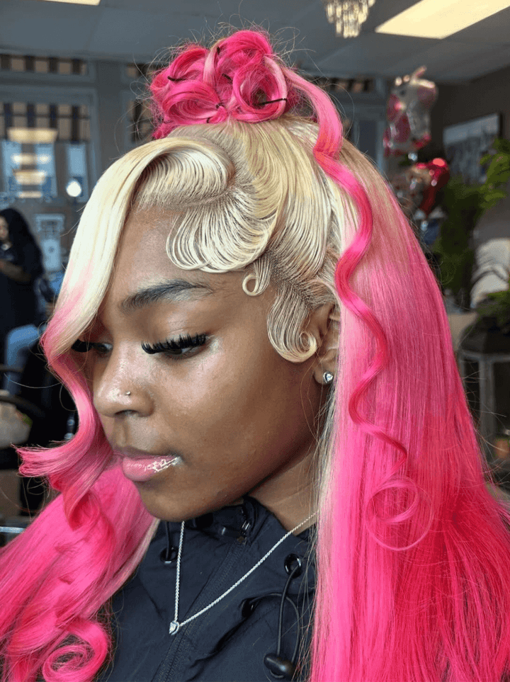 Dorsanee 30 32 inch Buss Down Ombre Blonde Hot Pink Lace Front Human Hair Wig