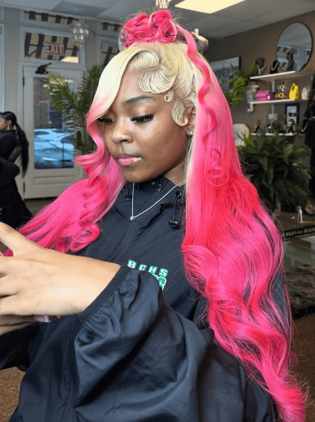 Dorsanee 30 32 inch Buss Down Ombre Blonde Hot Pink Lace Front Human Hair Wig