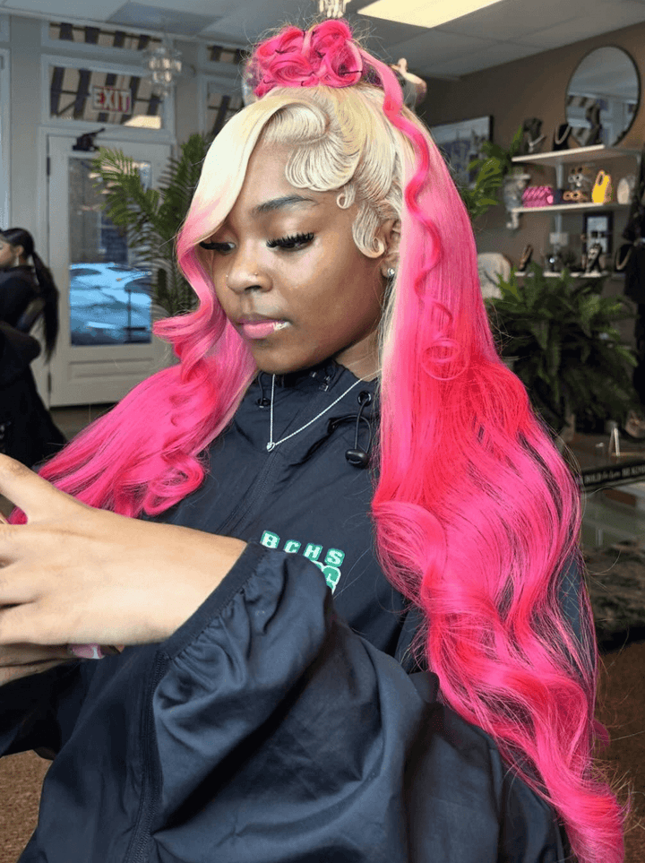 Dorsanee 30 32 inch Buss Down Ombre Blonde Hot Pink Lace Front Human Hair Wig