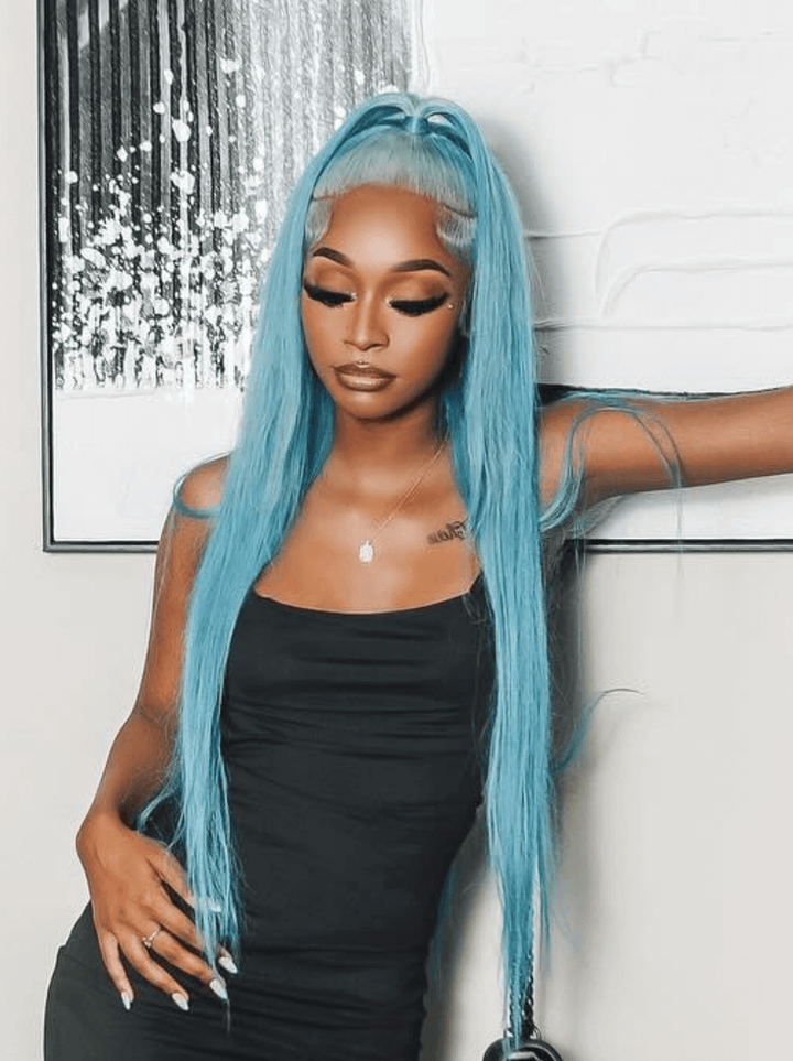 Dorsanee Aqua Blue Bone Straight 13x4 Lace Front Virgin Human Hair Wig