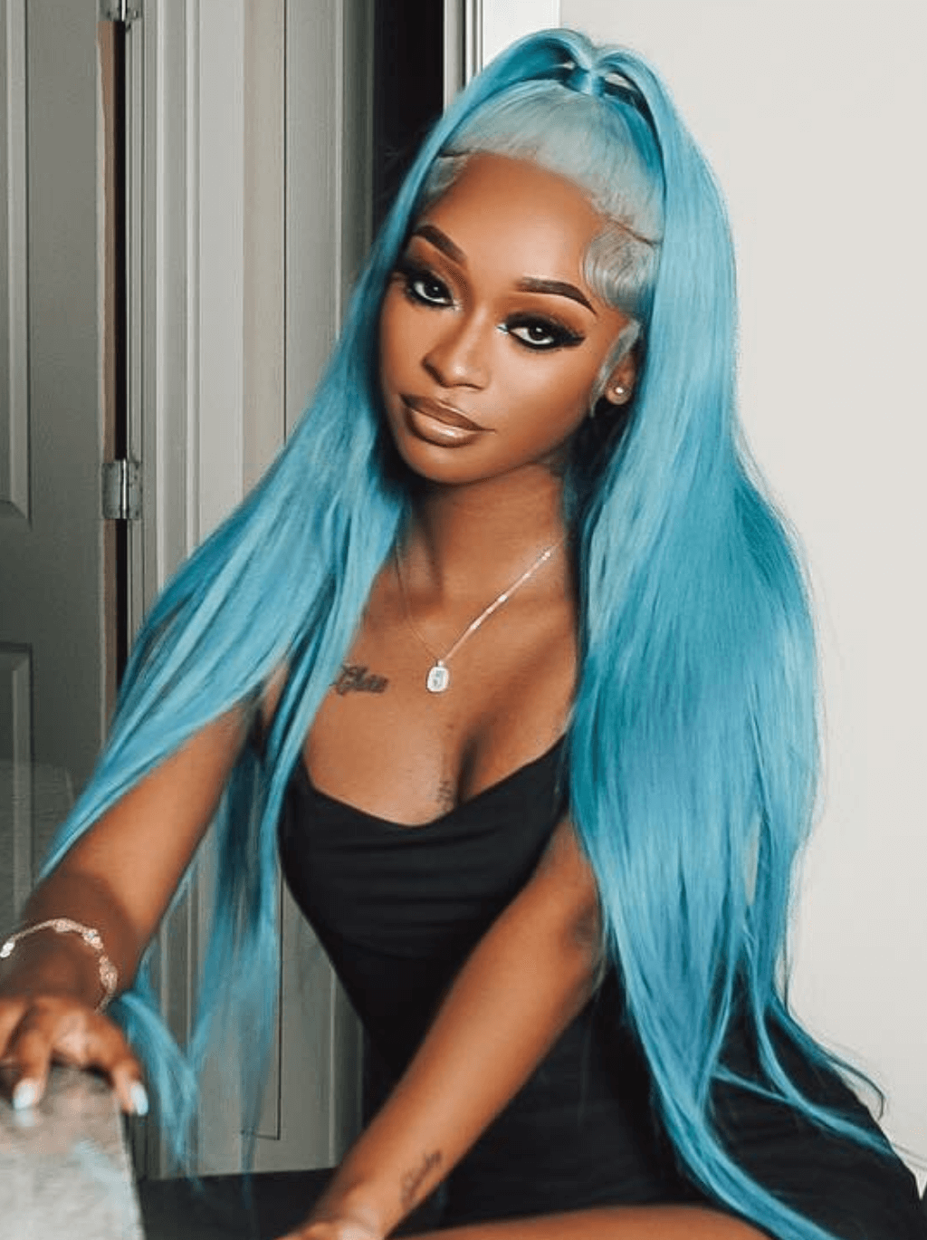 Dorsanee Aqua Blue Bone Straight 13x4 Lace Front Virgin Human Hair Wig