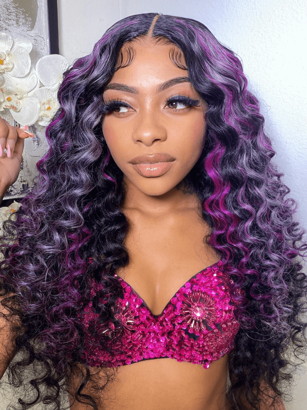 Dorsanee Balayage Purple Lavender Highlight Wand Curl Lace Front Human Hair Wig