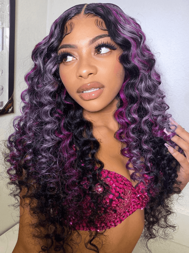 Dorsanee Balayage Purple Lavender Highlight Wand Curl Lace Front Human Hair Wig