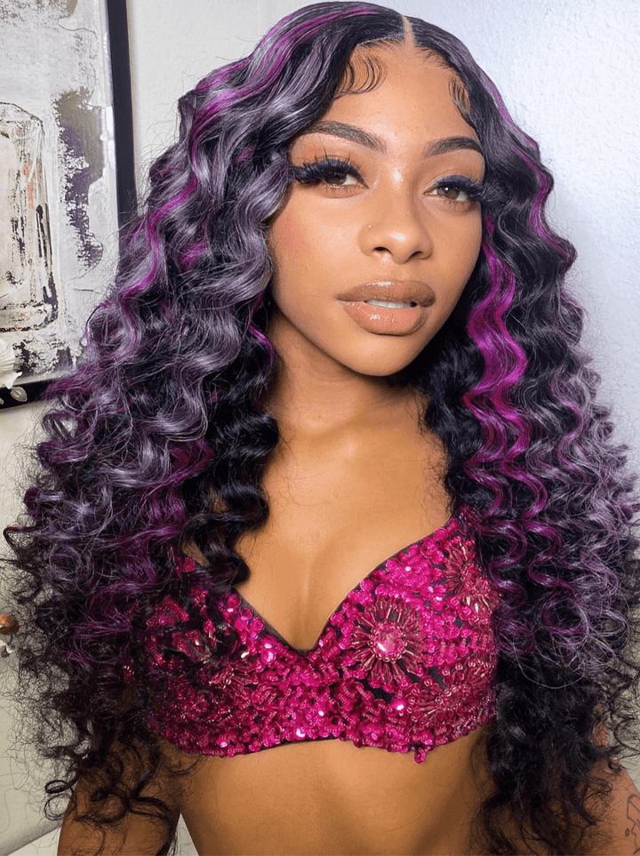 Dorsanee Balayage Purple Lavender Highlight Wand Curl Lace Front Human Hair Wig