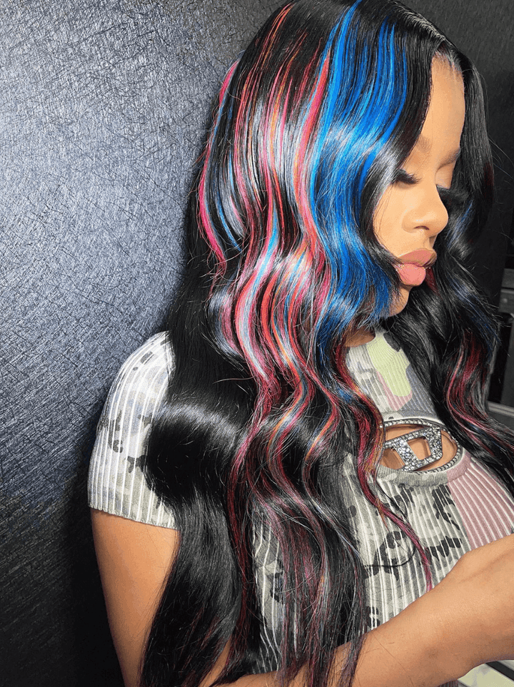 Dorsanee Black With Blue Copper Red Highlight Streaks Lace Front Human Hair Wig