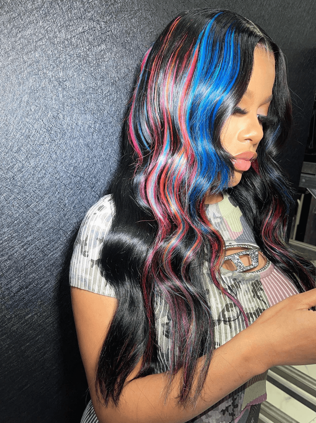 Dorsanee Black With Blue Copper Red Highlight Streaks Lace Front Human Hair Wig