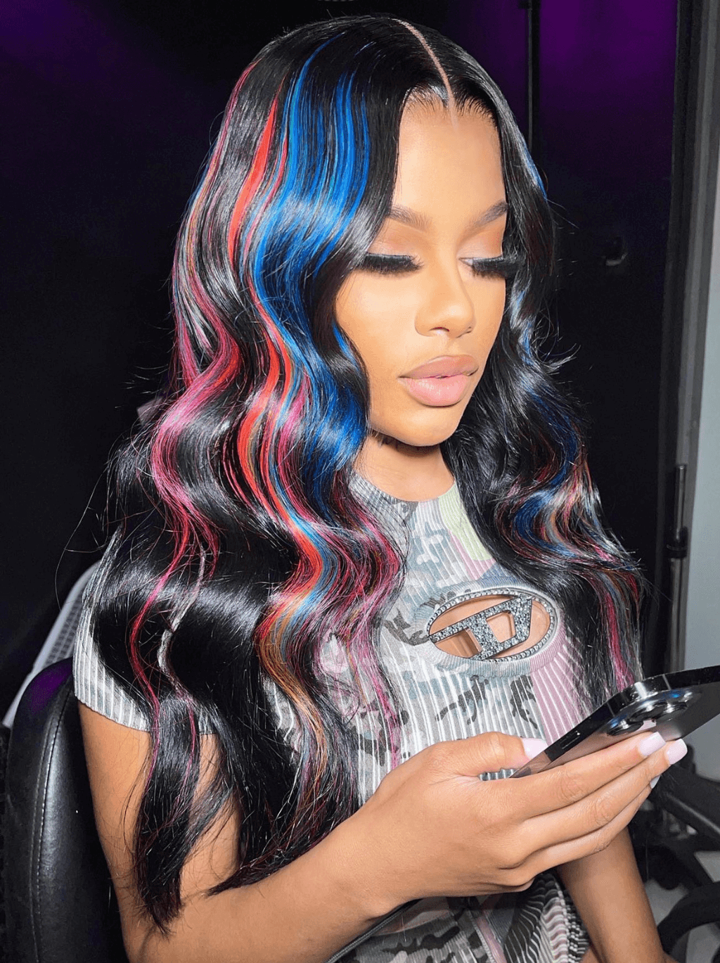 Dorsanee Black With Blue Copper Red Highlight Streaks Lace Front Human Hair Wig