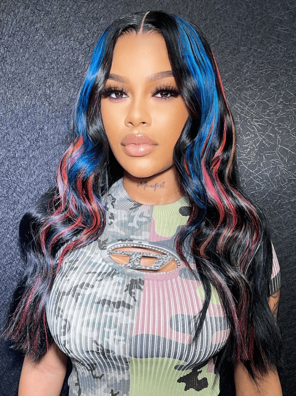 Dorsanee Black With Blue Copper Red Highlight Streaks Lace Front Human Hair Wig