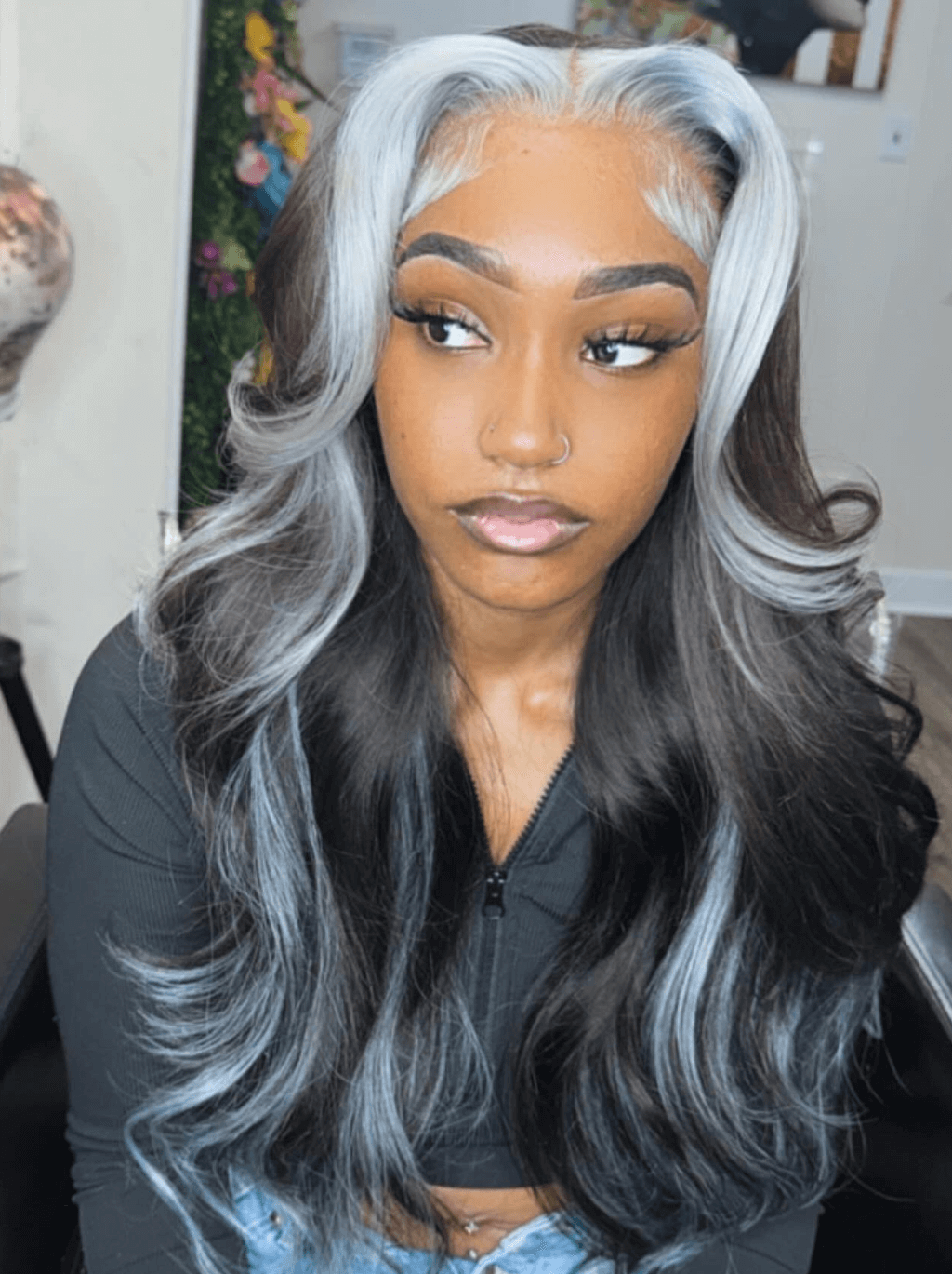 Dorsanee Black With Gray Skunk Streak Highlight Body Wave Virign Human Hair Wig