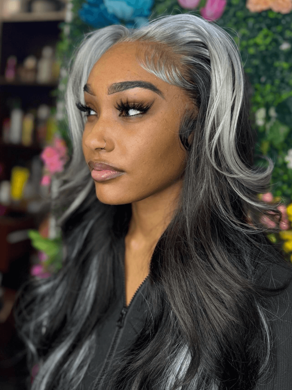 Dorsanee Black With Gray Skunk Streak Highlight Body Wave Virign Human Hair Wig