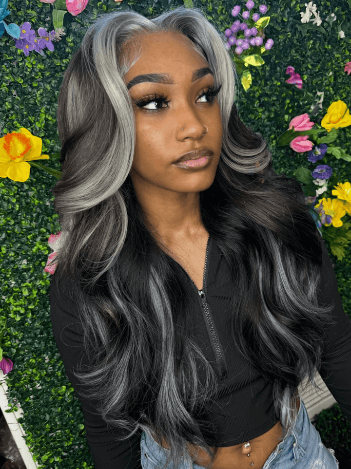 Dorsanee Black With Gray Skunk Streak Highlight Body Wave Virign Human Hair Wig