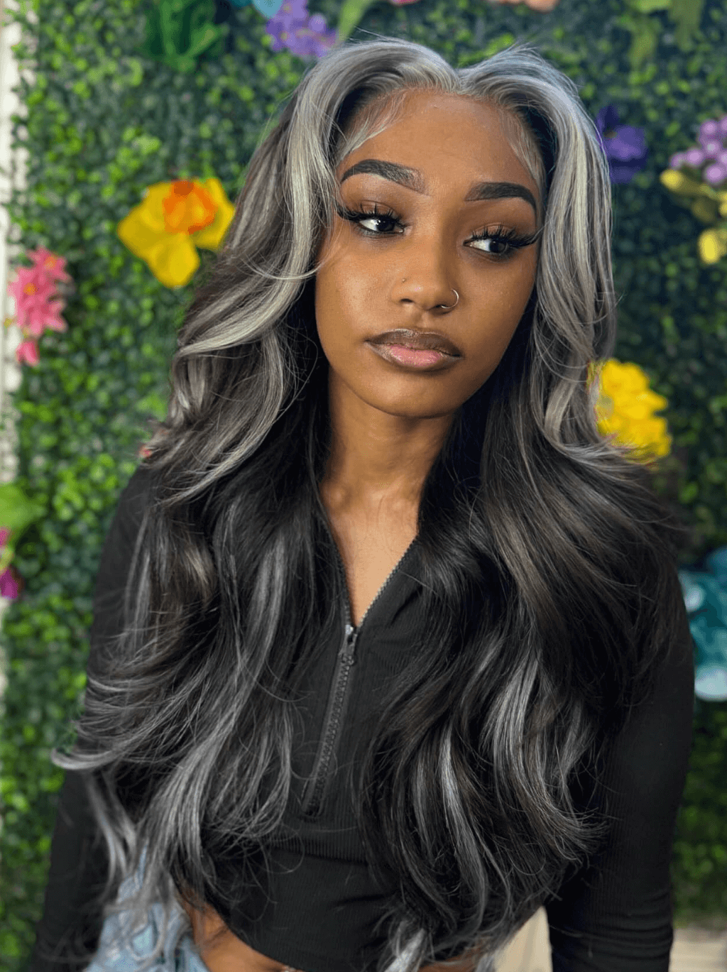 Dorsanee Black With Gray Skunk Streak Highlight Body Wave Virign Human Hair Wig