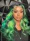 Dorsanee Black With Green Color Highlights Streaks 200 Density Human Hair Wigs