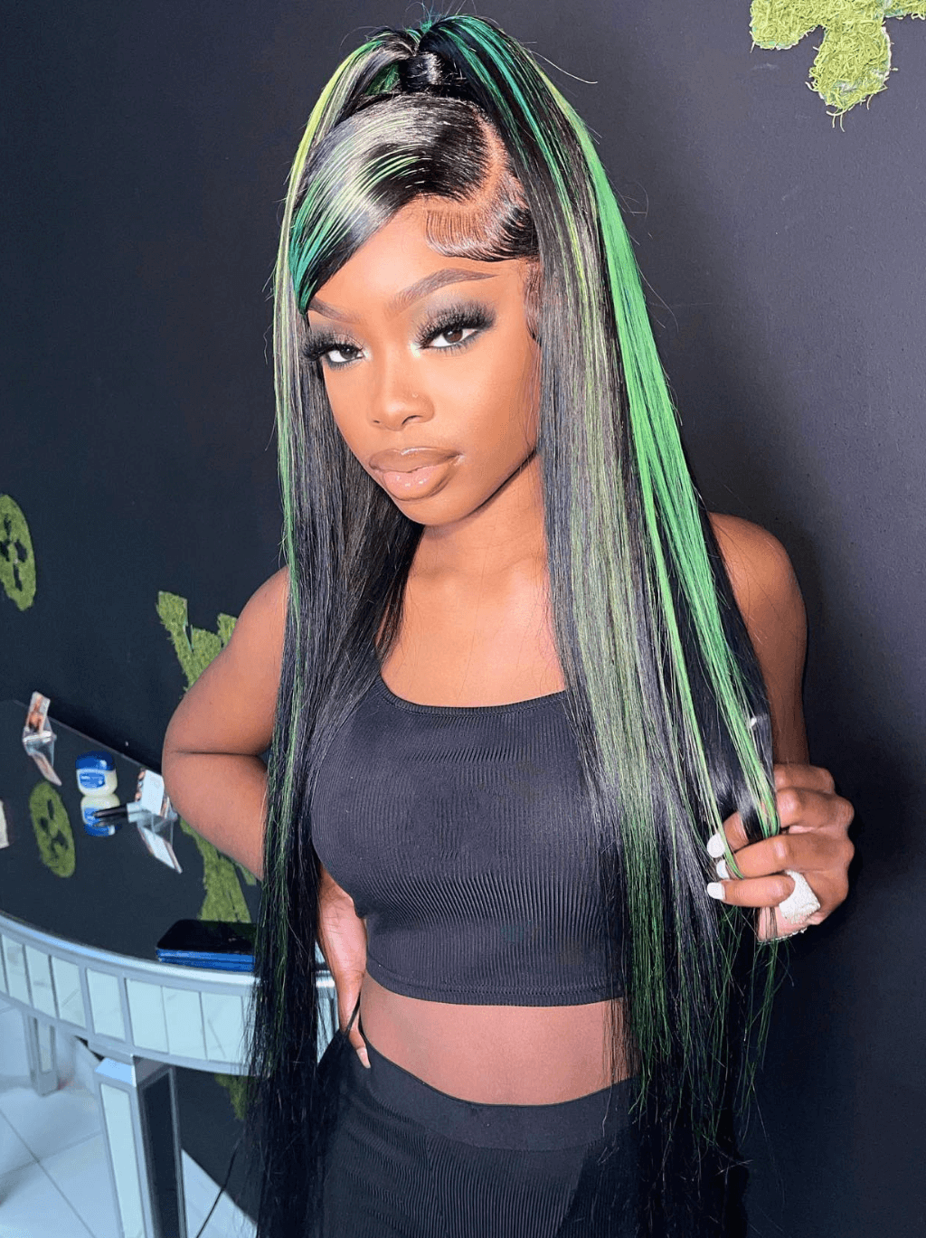 Dorsanee Black With Green Highlight Bone Straight HD Lace Front Human Hair Wig