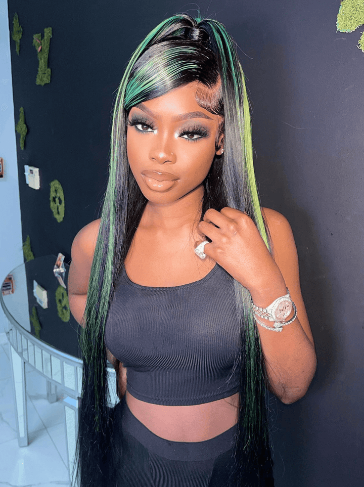 Dorsanee Black With Green Highlight Bone Straight HD Lace Front Human Hair Wig