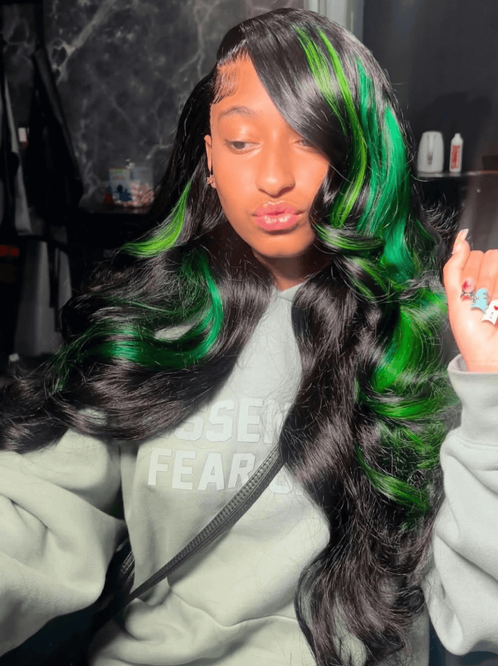 Dorsanee Black With Green Highlight Streaks Body Wave Lace Front Human Hair Wig