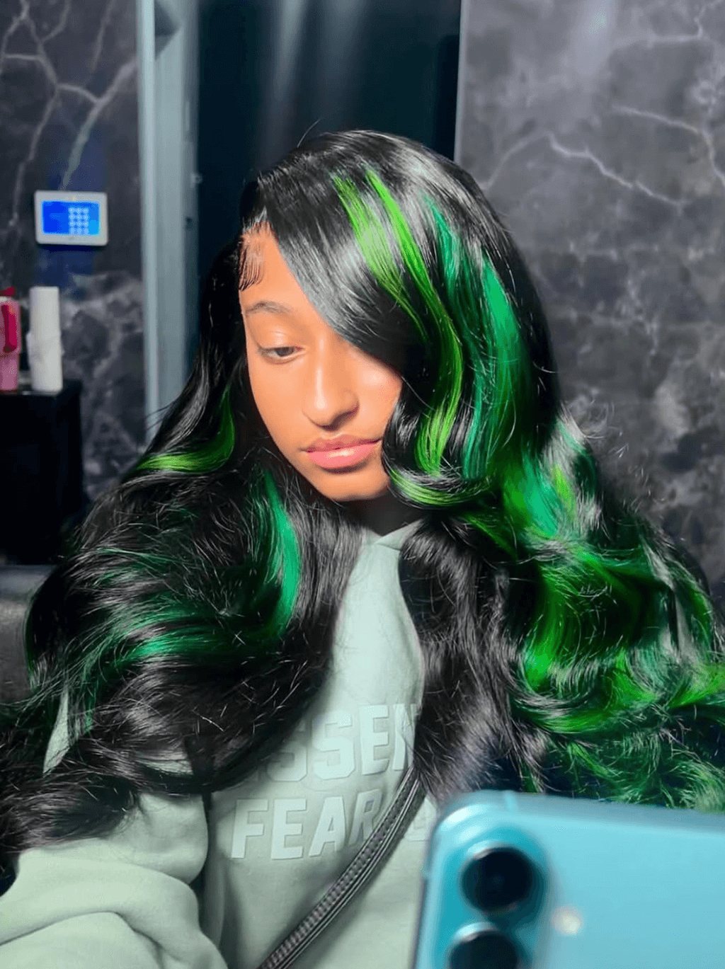 Dorsanee Black With Green Highlight Streaks Body Wave Lace Front Human Hair Wig