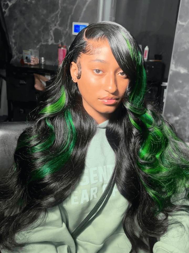 Dorsanee Black With Green Highlight Streaks Body Wave Lace Front Human Hair Wig