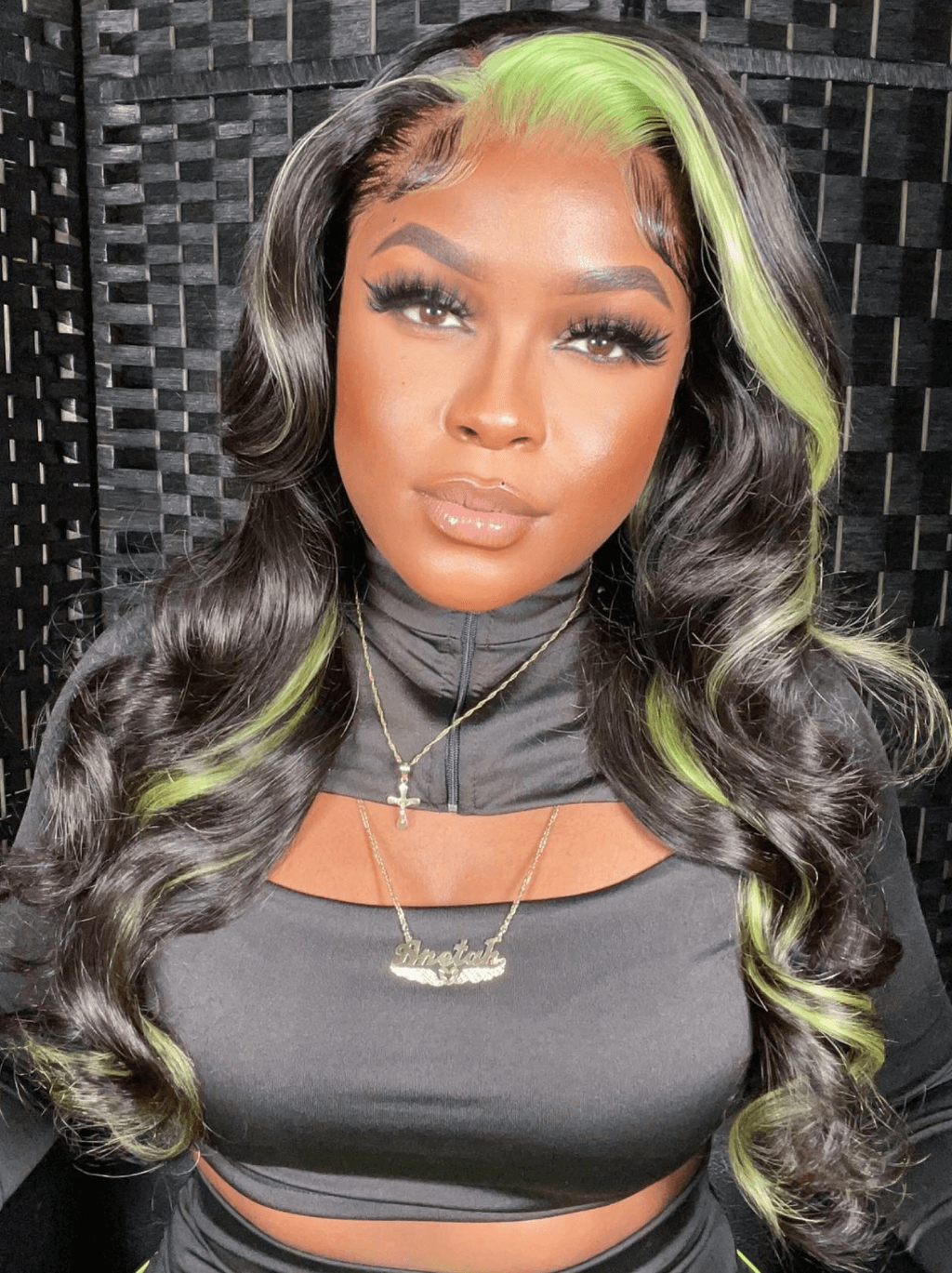 Dorsanee Black With Green Skunk Streaks Body Wave HD Lace Front Human Hair Wig