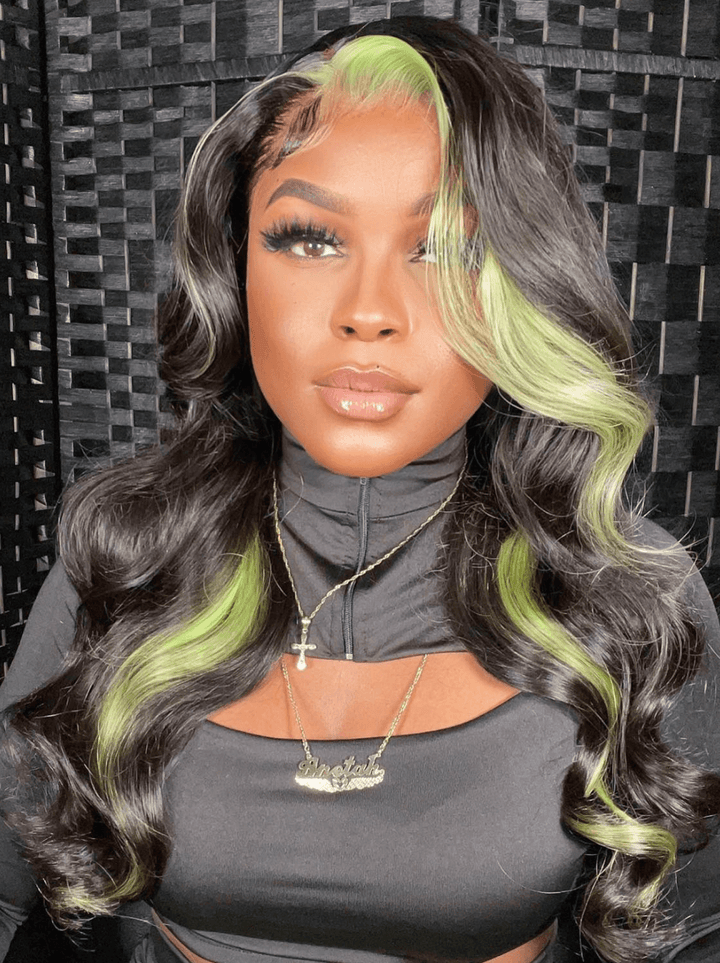 Dorsanee Black With Green Skunk Streaks Body Wave HD Lace Front Human Hair Wig