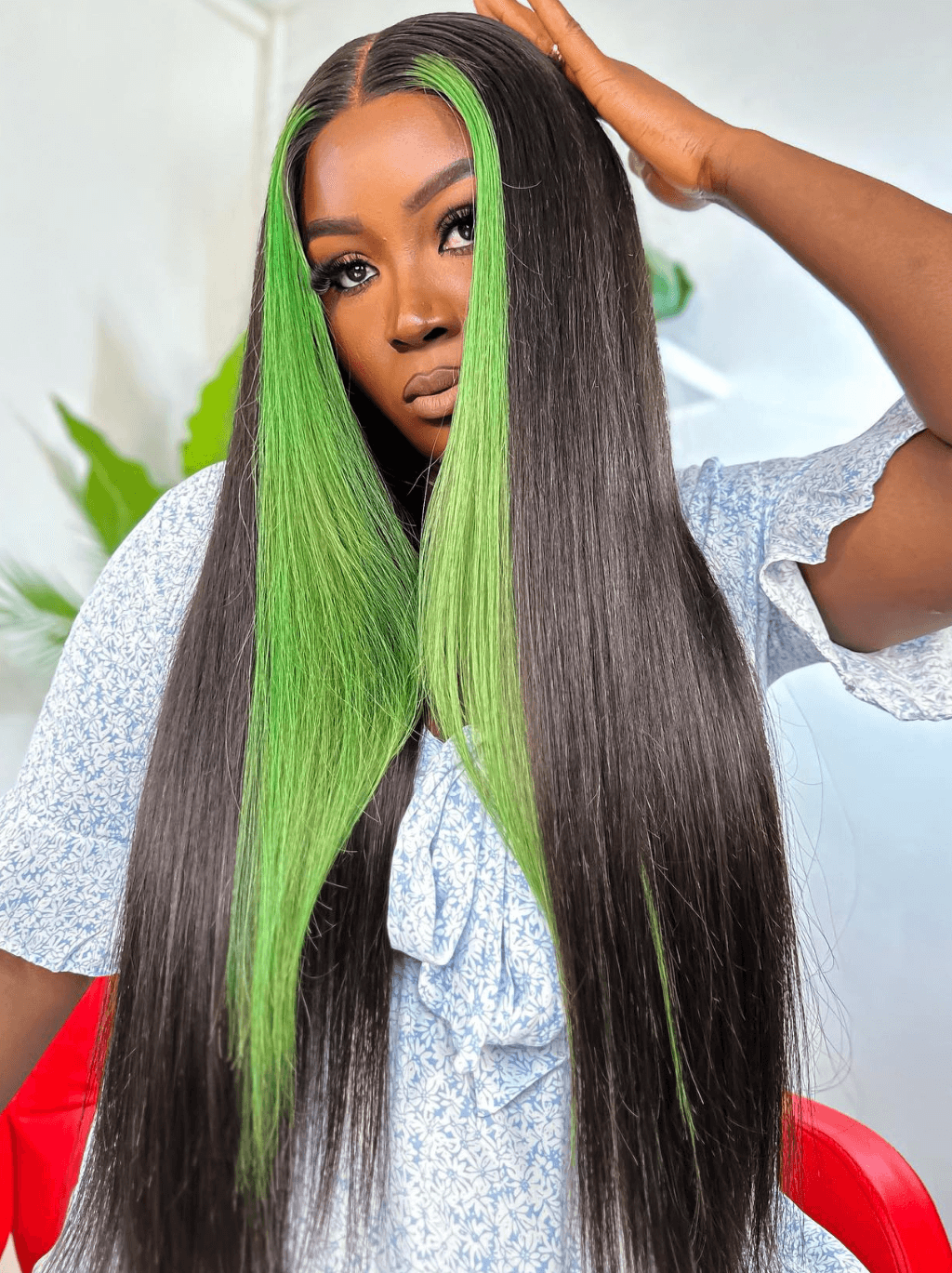 Dorsanee Black With Green Skunk Stripe Highlight Bone Straight Human Hair Wigs