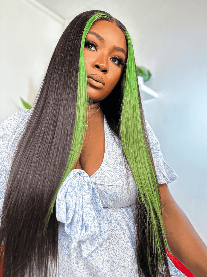 Dorsanee Black With Green Skunk Stripe Highlight Bone Straight Human Hair Wigs