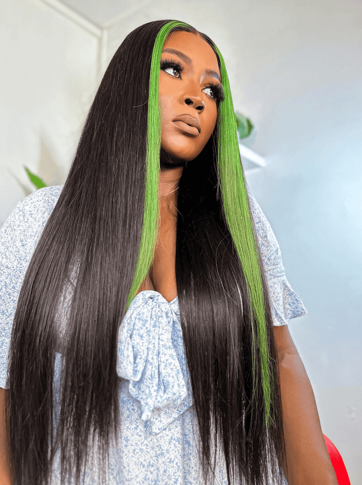 Dorsanee Black With Green Skunk Stripe Highlight Bone Straight Human Hair Wigs