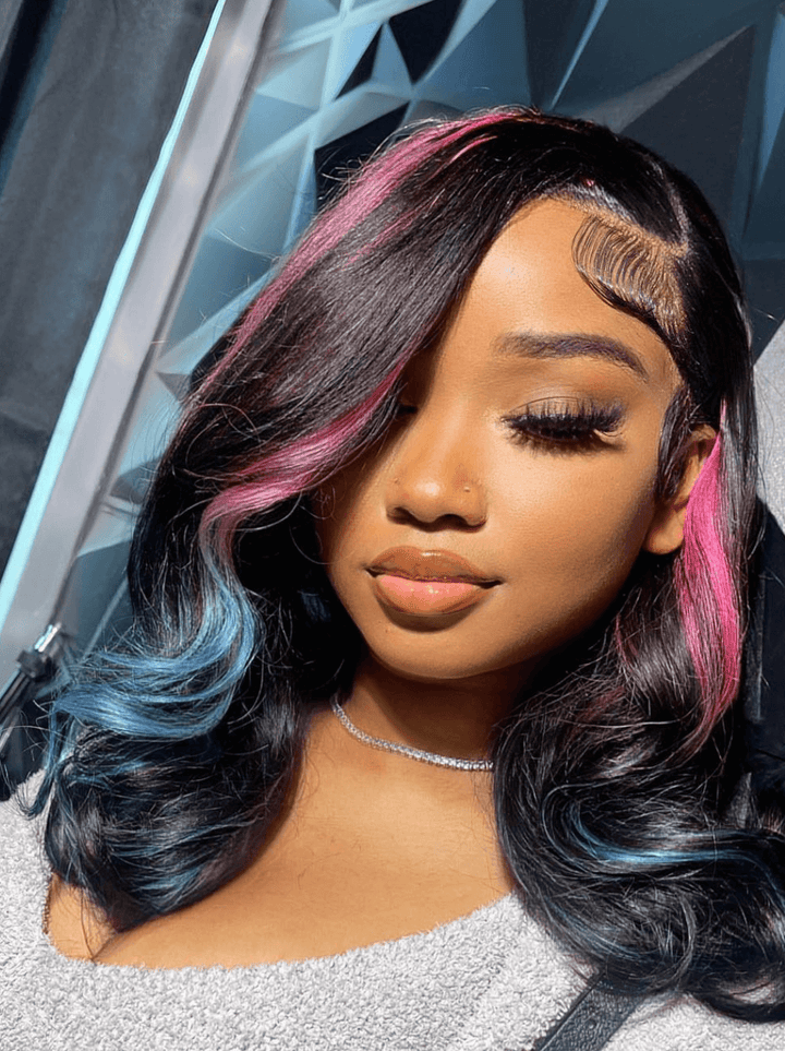 Dorsanee Black With Hot Pink Red Blue Highlight 13x4 Lace Front Human Hair Wig