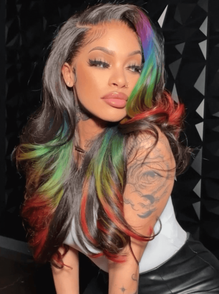 Dorsanee Black With Purple Green Blue Red Multi Color Lace Front Human Hair Wig