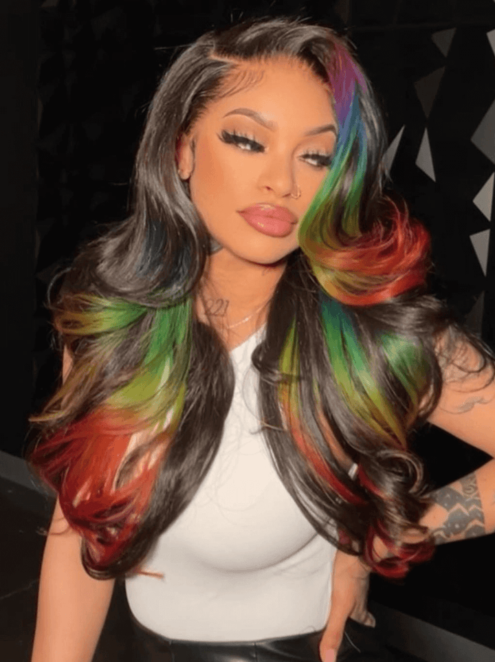 Dorsanee Black With Purple Green Blue Red Multi Color Lace Front Human Hair Wig
