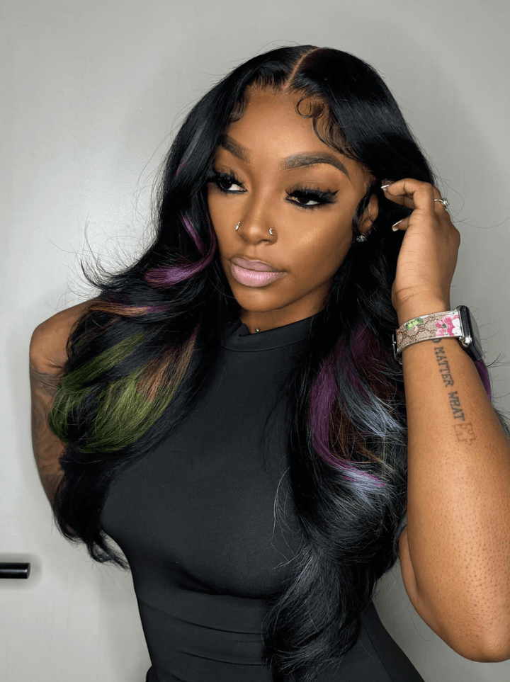 Dorsanee Black with Purple Green Blue Highlight Streaks Virgin Human Hair Wigs