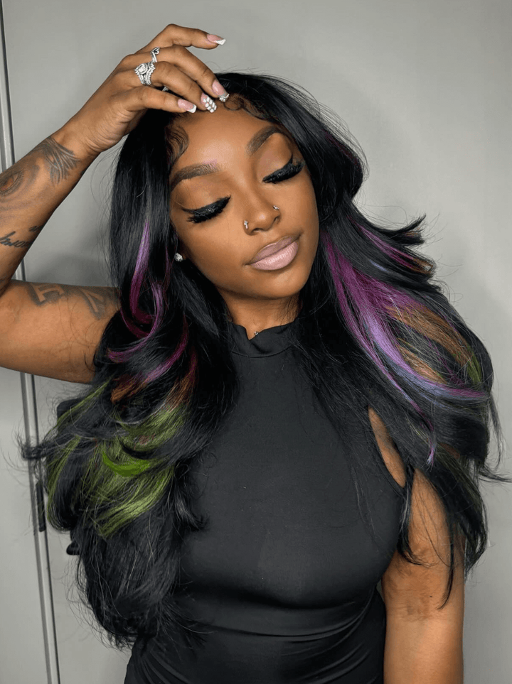 Dorsanee Black with Purple Green Blue Highlight Streaks Virgin Human Hair Wigs