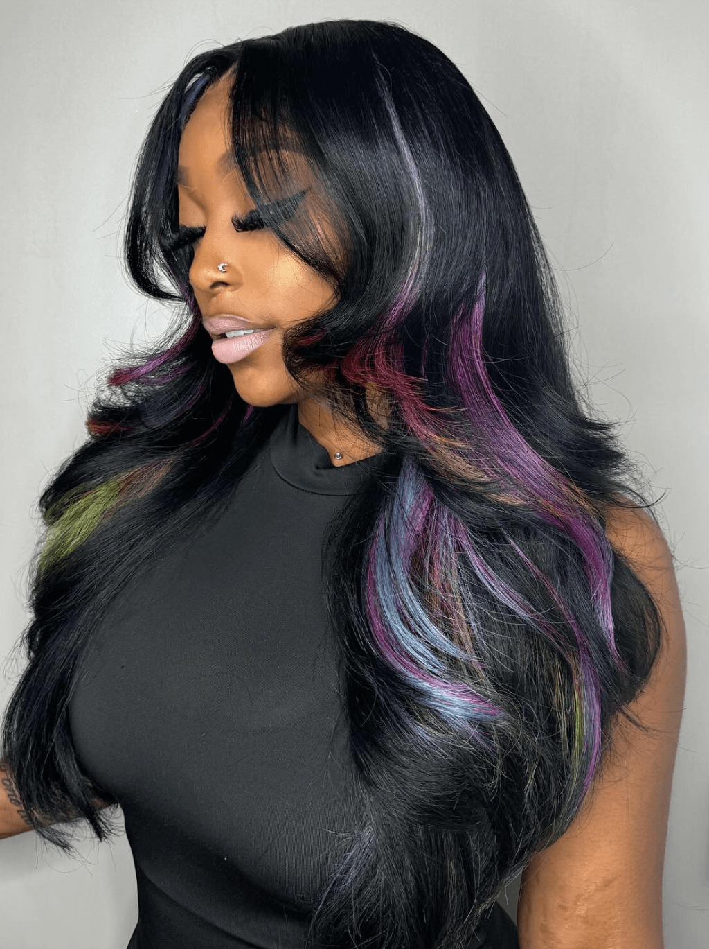 Dorsanee Black with Purple Green Blue Highlight Streaks Virgin Human Hair Wigs