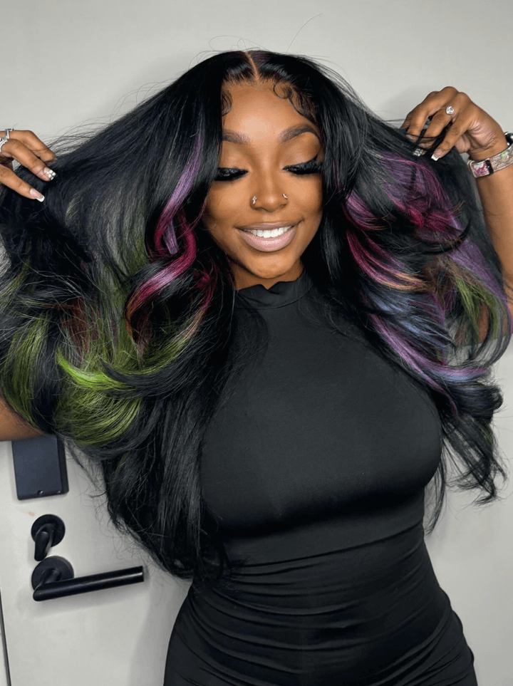 Dorsanee Black with Purple Green Blue Highlight Streaks Virgin Human Hair Wigs