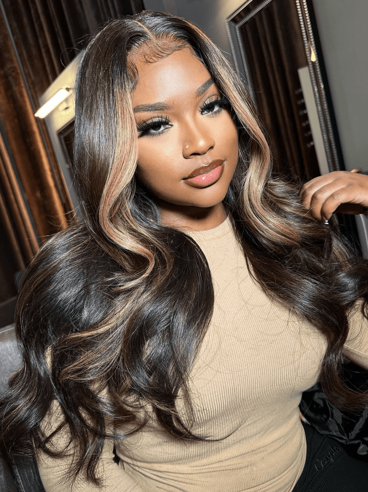 Dorsanee Cinnamon Brown Skunk Stripe Body Wave 13x4 Lace Front Human Hair Wigs