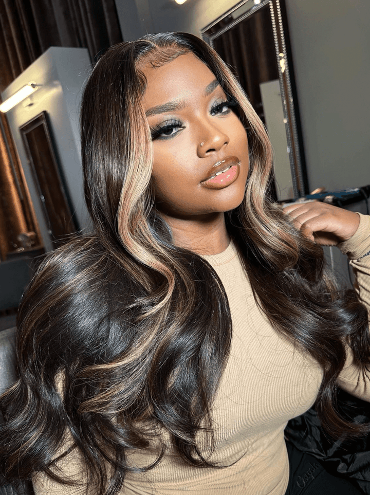 Dorsanee Cinnamon Brown Skunk Stripe Body Wave 13x4 Lace Front Human Hair Wigs