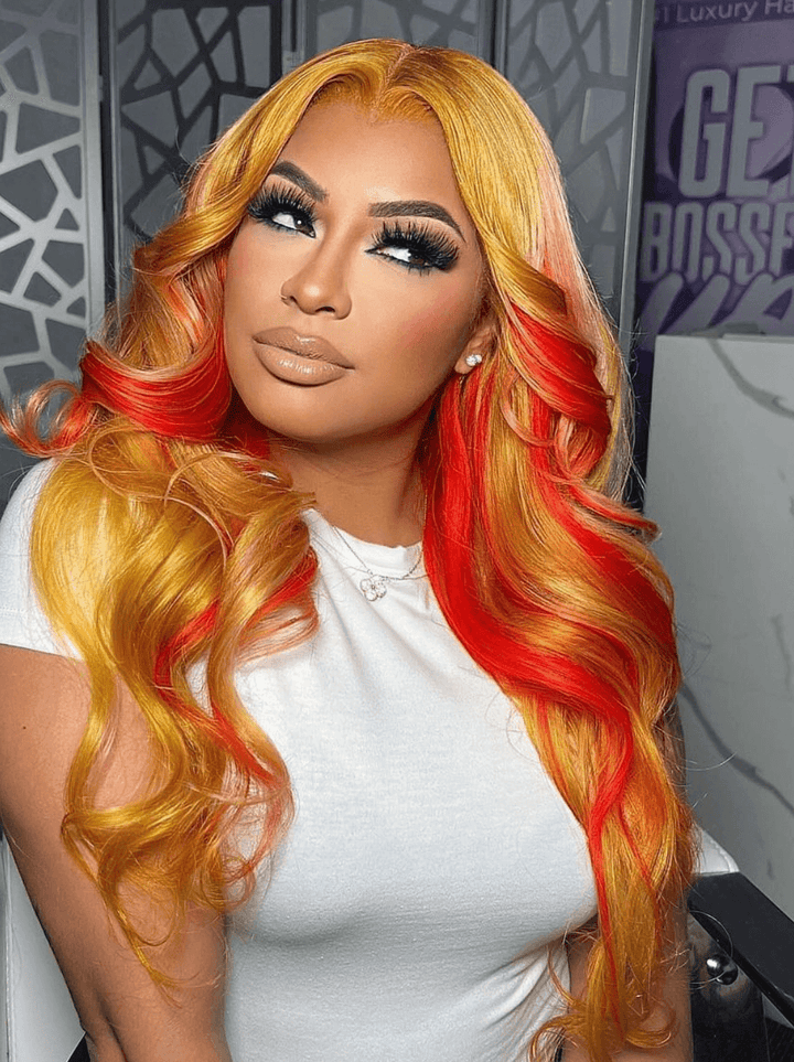 Dorsanee Dark Yellow Red Highlight Body Wave Lace Front Human Hair Wig