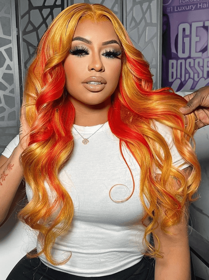 Dorsanee Dark Yellow Red Highlight Body Wave Lace Front Human Hair Wig