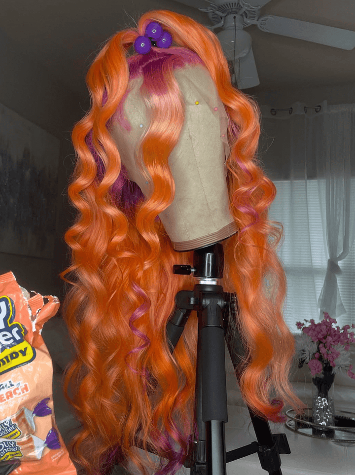 Dorsanee Ginger Orange Purple Roots Color 13x4 Lace Front Virgin Human Hair Wig