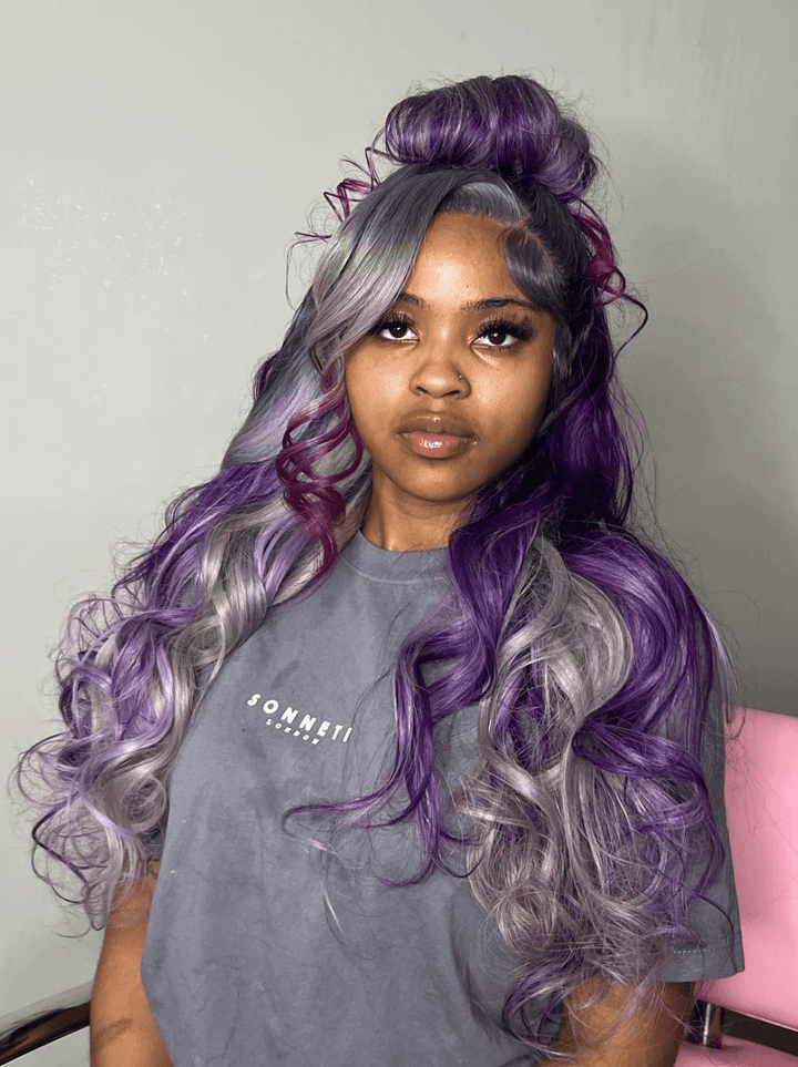 Dorsanee Gray Purple Highlight Streaks Body Wave 13x4 Lace Front Human Hair Wig